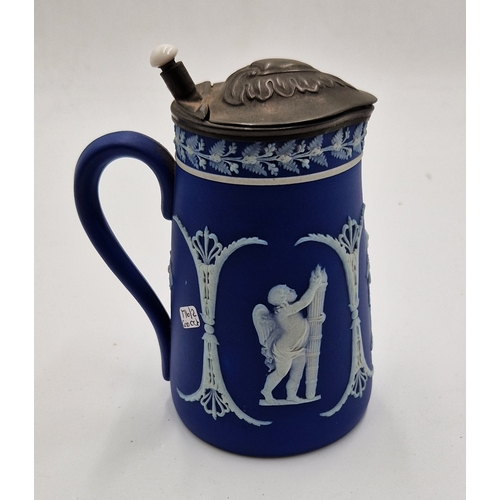 283 - RIDGWAY'S DARK BLUE JASPER WARE 14cm JUG With PEWTER LID