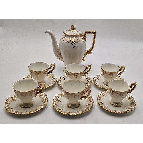 712 - ROYAL CROWN DERBY PORCELAIN Part COFFEE/TEA SET Inc COFFEE POT, CUPS & SAUCERS (6) VINE DESIGN, GOLD... 