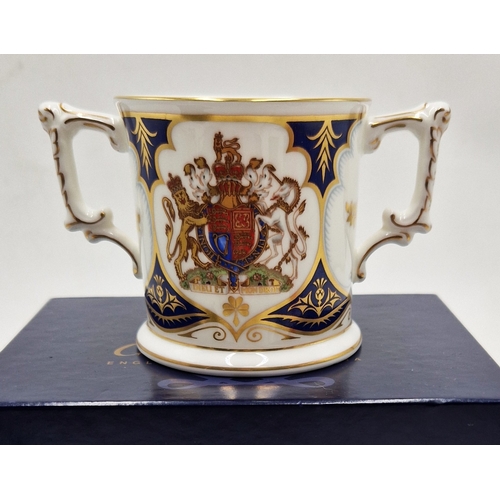 726 - ROYAL CROWN DERBY CHINA COMMEMORATIVE TWIN HANDLED CUP 