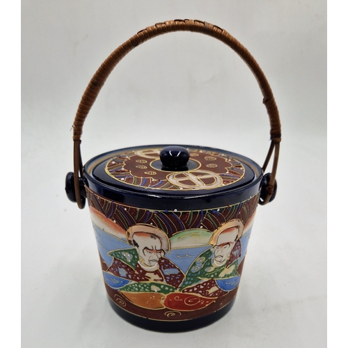 121 - JAPANESE SATSUMA BISCUIT BARREL With WICKER HANDLE