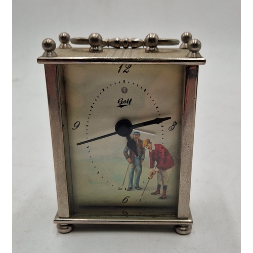 286 - METAL FRAMED Miniature 7cm x 8cm CARRIAGE CLOCK Depicting Golfers (Found To Be Working When Photogra... 