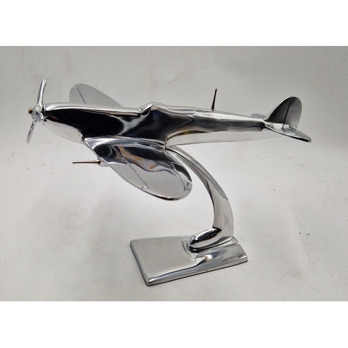 308 - CHROME Extra Large 36cm x 30cm MODEL OF A SPITFIRE ON STAND