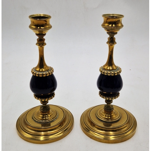 492 - BRASS / COBALT BLUE ENAMEL 18cm  CANDLESTICKS