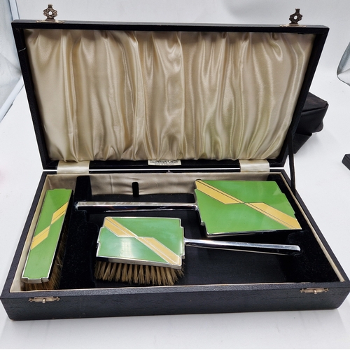 500 - CHROME /ENAMEL ART DECO BOUDOIR SET Signed J.W.T. (Original Box)