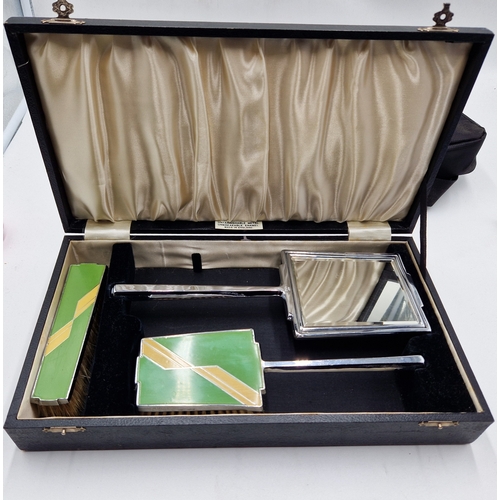 500 - CHROME /ENAMEL ART DECO BOUDOIR SET Signed J.W.T. (Original Box)