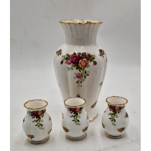 729 - ROYAL ALBERT CHINA Large 22.5cm VASE Plus 8cm VASES (3) IN THE OLD COUNTRY ROSES DESIGN