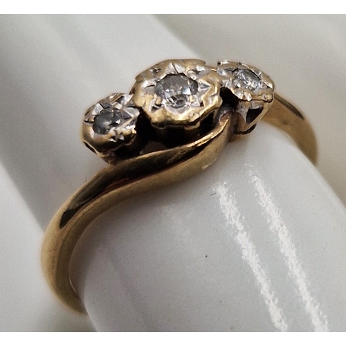 163 - 9ct GOLD (375 Hallmarked) / TRIO OF DIAMONDS STONE SET RING (Size L , Total Weight 2.0 Grams)