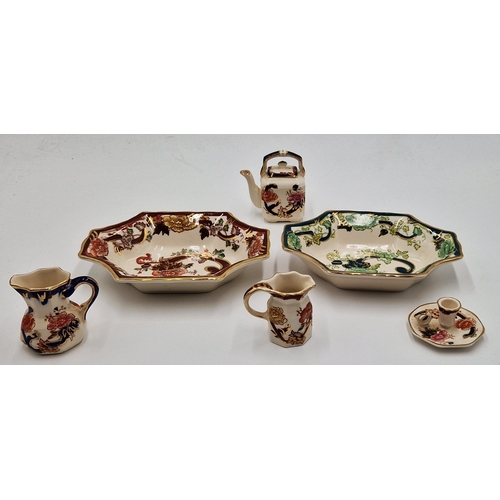 186 - MASONS IRONSTONE TRINKET DISHES (2) CHARTRUESE & BROWN VELVET , Miniature MANDALAY CANDLE, TEAPOT & ... 