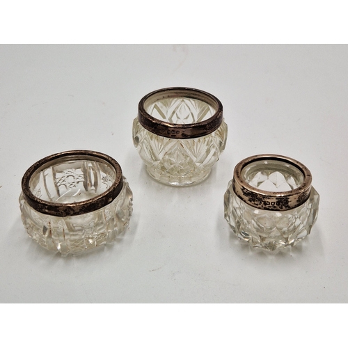 120 - CUT GLASS /SILVER RIMMED TRINKET JARS (3) (All Fully Hallmarked Including London 1901,Birmingham 190... 