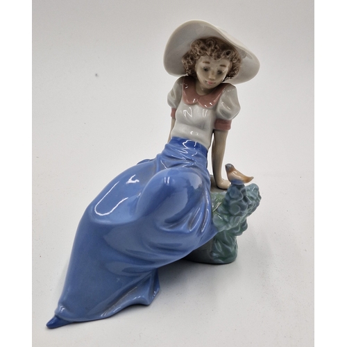 75 - LLADRO (Nao) Large 15cm x 16cm FIGURINE OF A GIRL LEANING AGAINST ROCK WATCHING A SMALL BIRD 'LISTEN... 