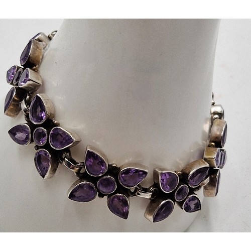 608 - SILVER (925) / AMETHYST STONE SET BRACELET (Marked On Clasp And Link)