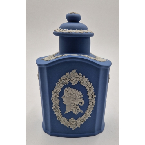 8 - WEDGWOOD BLUE JASPER WARE CAMEO TEA CADDY/DECANTER