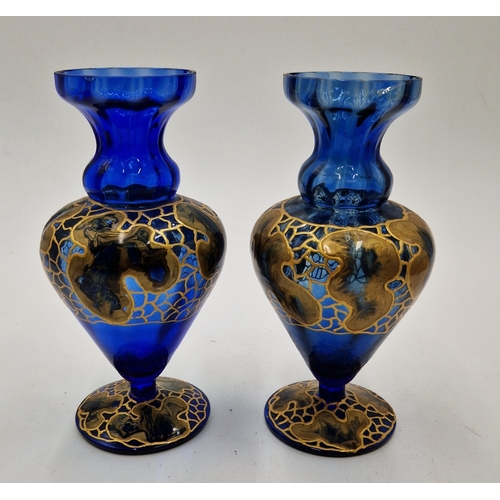 139 - BLUE GLASS 18cm VASES WITH GOLD OVERLAY DESIGN (2)