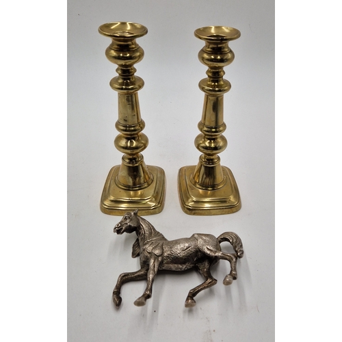 167 - METAL Large 22cm CANDLESTICKS TOGETHER WITH A WHITE METAL MODEL OF A HORSE