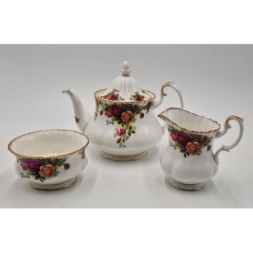 37 - ROYAL ALBERT CHINA TEAPOT & TRAY, SUGAR & CREAM JUG IN THE OLD COUNTRY ROSES DESIGN