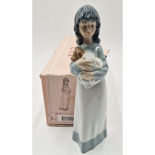 53 - LLADRO (Nao) PORCELAIN Large 23cm CHARACTER FIGURINE OF A YOUNG GIRL HOLDING A PUPPY DOG (Original B... 