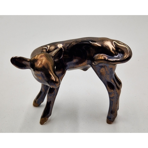 72 - ANITA HARRIS ART POTTERY 7.5cm x 9.5cm GOLDEN/BRONZE MODEL OF A CALF Signed In Gold By Anita Harris