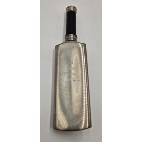 87 - PEWTER NOVELTY 20cm DRINKS FLASK FASHIONED AS A CRICKET BAT Signed 