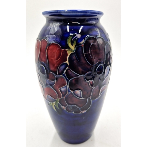 82 - MOORCROFT 18.5cm VASE IN THE ANEMONE DESIGN ON BLUE GROUND c1950s Signed By W Moorcroft