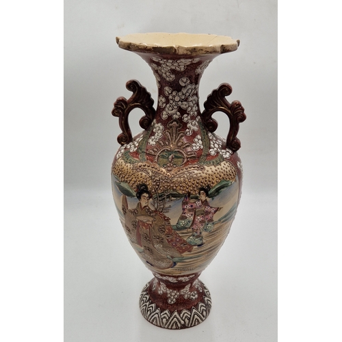 100 - CERAMIC ORIENTAL Extra Large 37cm TWIN HANDLED SATSUMA  VASE