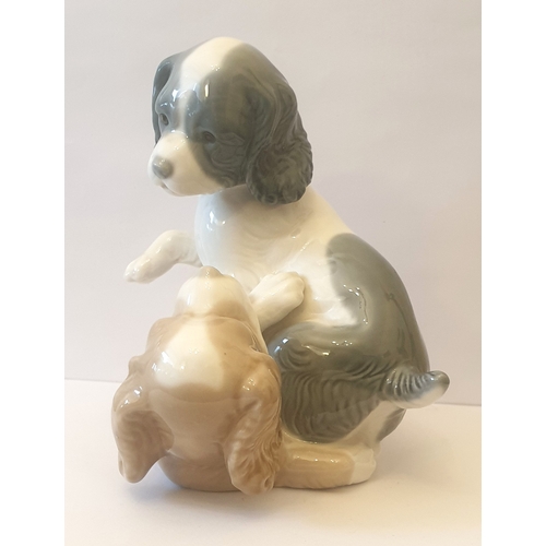 246 - LLADRO (Nao) PORCELAIN Large 16cm x 14cm MODEL OF TWO SPANIEL PUPPIES PLAYING