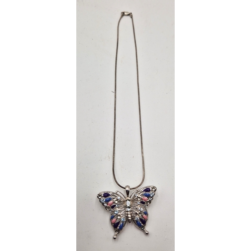 66 - SILVER (925) ENAMEL SET BROOCH/PENDANT FASHIONED AS A BUTTERFLY ON A SILVER (925) 38cm NECK CHAIN  (... 