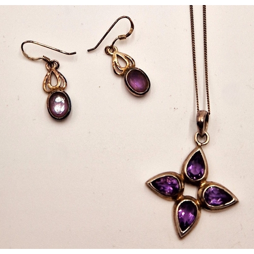 68 - SILVER  / AMETHYST STONE SET PETAL PENDANT ON A SILVER (925) 44cm NECK CHAIN Plus SILVER (925) CELTI... 