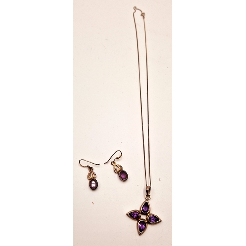 68 - SILVER  / AMETHYST STONE SET PETAL PENDANT ON A SILVER (925) 44cm NECK CHAIN Plus SILVER (925) CELTI... 