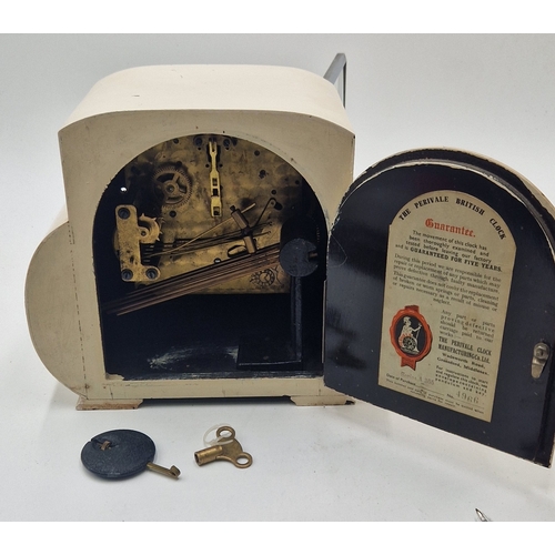 452 - WHITE PAINTED Large 25cm x 22cm x 14cm ART DECO MECHANICAL (Wind Up) MANTLE CLOCK (Key & Pendulum) (... 