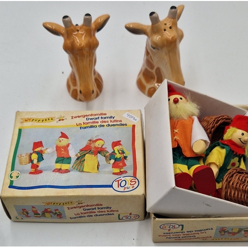 416 - WOODEN DWARFS (Boxed) TOGETHER WITH A GIRAFFE SALT And PEPPER SET