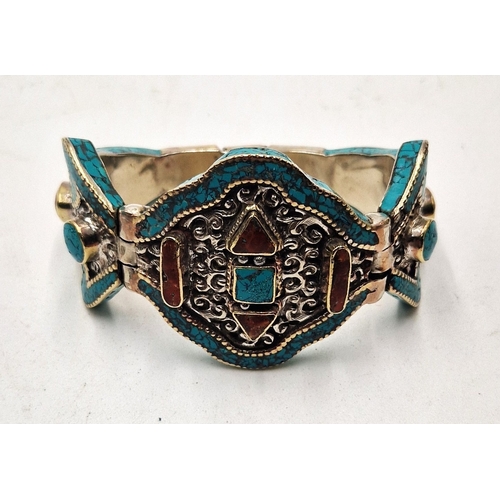 422 - TIBETAN SILVER (Unmarked)/ CORAL & TURQUOISE BANGLE/BRACELET