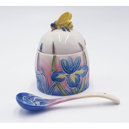 124A - OLD TUPTON WARE TUBELINED HONEY POT And SPOON  (Product Code 1363) IN THE IRIS FLOWER DESIGN (As New... 