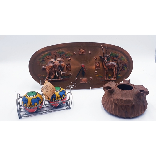 189 - AFRICAN CLOCK, NATIVE TREEN VESSEL & SALT & PEPPER