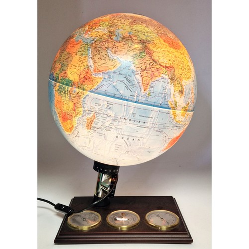 196 - ILLUMIMATED  Extra Large 44cm (H) GLOBE MOUNTED ON WOODEN BASE INCORP0RATING THREE WEATHER INSTRUMEN... 