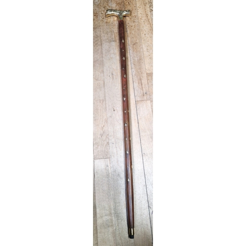 41 - WOODEN BRASS T-BAR HANDLED WALKING STICK