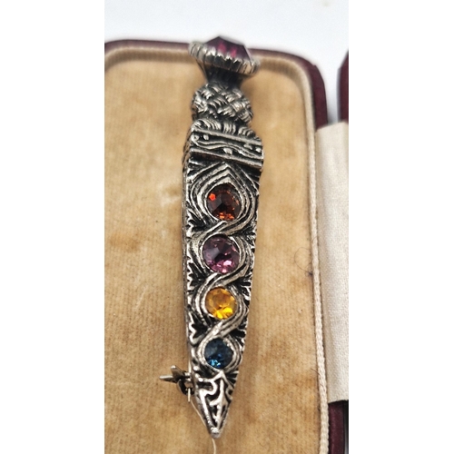 257 - WHITE METAL / GEM STONES BROOCH IN FORM OF A DAGGER (Boxed)