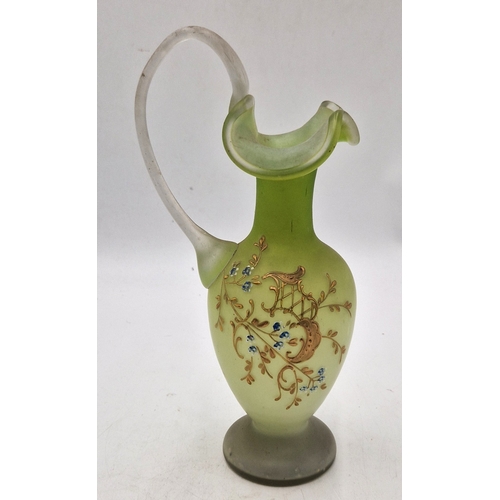 300 - LIME GREEN SATIN GLASS Large 26cm VICTORIAN PITCHER Or EWER FEATURING POSSIBLE ENAMEL FLORAL DECORAT... 