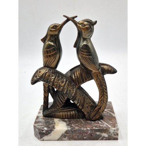 284 - BRONZE / BRASS 17cm x 12cm MODEL OF TWO BIRDS ON A BRANCH MOUNTED ON A MARBLE BASE