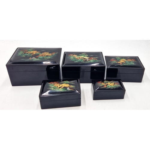 285 - BLACK LACQUERED CHINESE SET OF FIVE NESTING BOXES FEATURING (Hand Painted) SCENIC MOTIFS TO THE LIDS