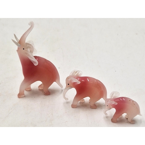 271 - MURANO Miniature PINK GLASS MODELS (3) OF AN ELEPHANT FAMILY (Tallest Being 7cm )