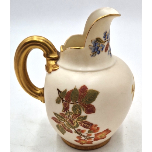 276 - ROYAL WORCESTER 13.5 cm 1094 BLUSH IVORY EWER/PITCHER WITH FLORAL DESIGN And GILT HANDLE