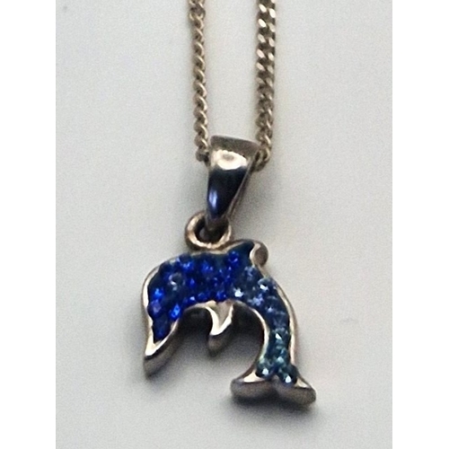 268 - SILVER (925) BLUE STONE SET DOLPHIN PENDANT ON A SILVER (925) NECK CHAIN (Total Weight 4.3 Grams)