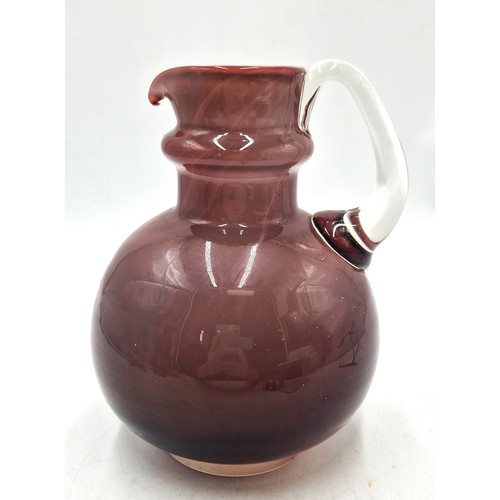 290 - GLASS Large 20cm PITCHER/JUG With SPOUT,BALL SHAPED BODY,OPAQUE BURGANDY COLOUR And CLEAR GLASS HAND... 