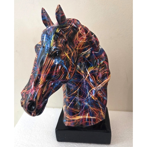 253 - COMPOSITE Large 25cm x 15cm x 12cm MULTI-COLOURED GRAFFITI STYLE HORSE'S HEAD ON BASE (As New,Origin... 