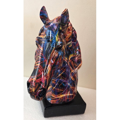253 - COMPOSITE Large 25cm x 15cm x 12cm MULTI-COLOURED GRAFFITI STYLE HORSE'S HEAD ON BASE (As New,Origin... 
