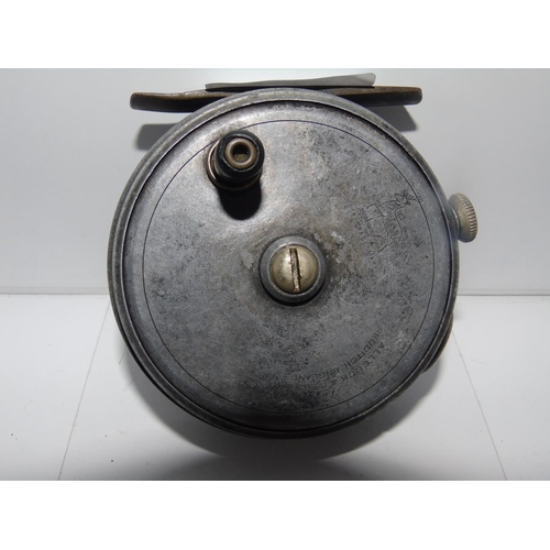 90 - A vintage Allock 3 inch center pin fly fishing reel with an unusual coloured glass ringlet line feed... 