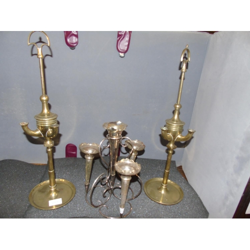 1 - A pair of unusual brass oil burners & a silver plated eperne