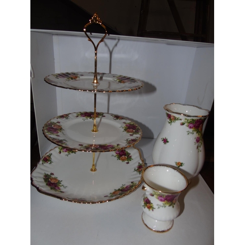 51 - A new Royal Albert OCR cake stand along with large vase & one smaller one