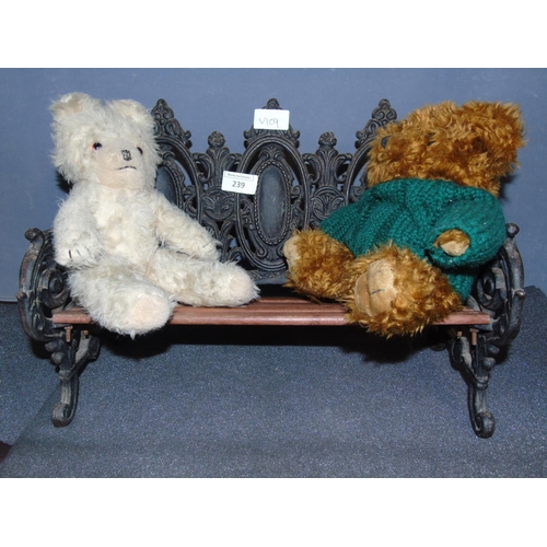 239 - A well made vintage minature cast iron bench & two vintage teddy bears. 41cmx27cm