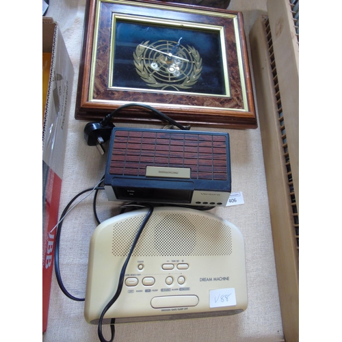 406 - Two vintage radio alarm clocks and a wall clock